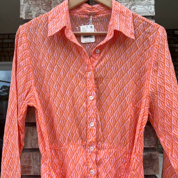 🆕 Free People | Rillo Orange Long Sleeve Mini Shirt Dress | S - Picture 4 of 16
